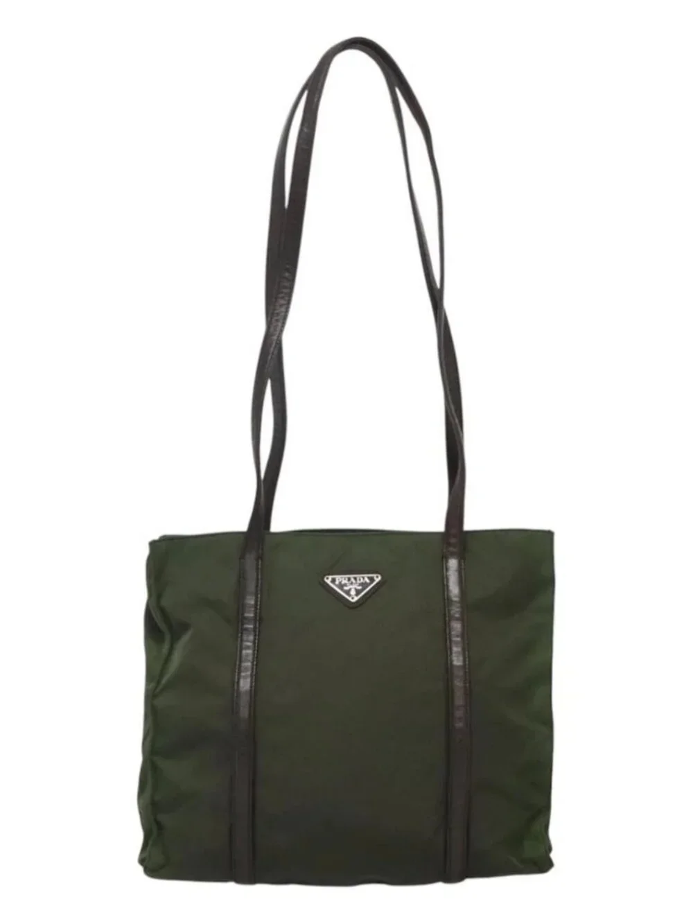 PRADA Tote Bag Nylon Khaki Brown Silver Auth bs22976